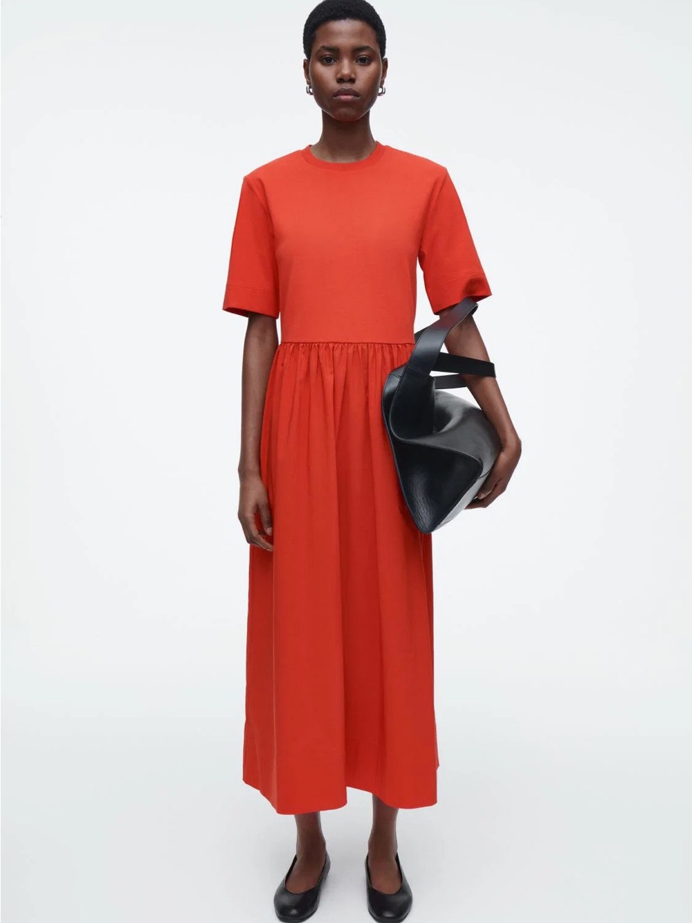 COS Red Orange CONTRAST-PANEL MIDI DRESS Crew Neck
